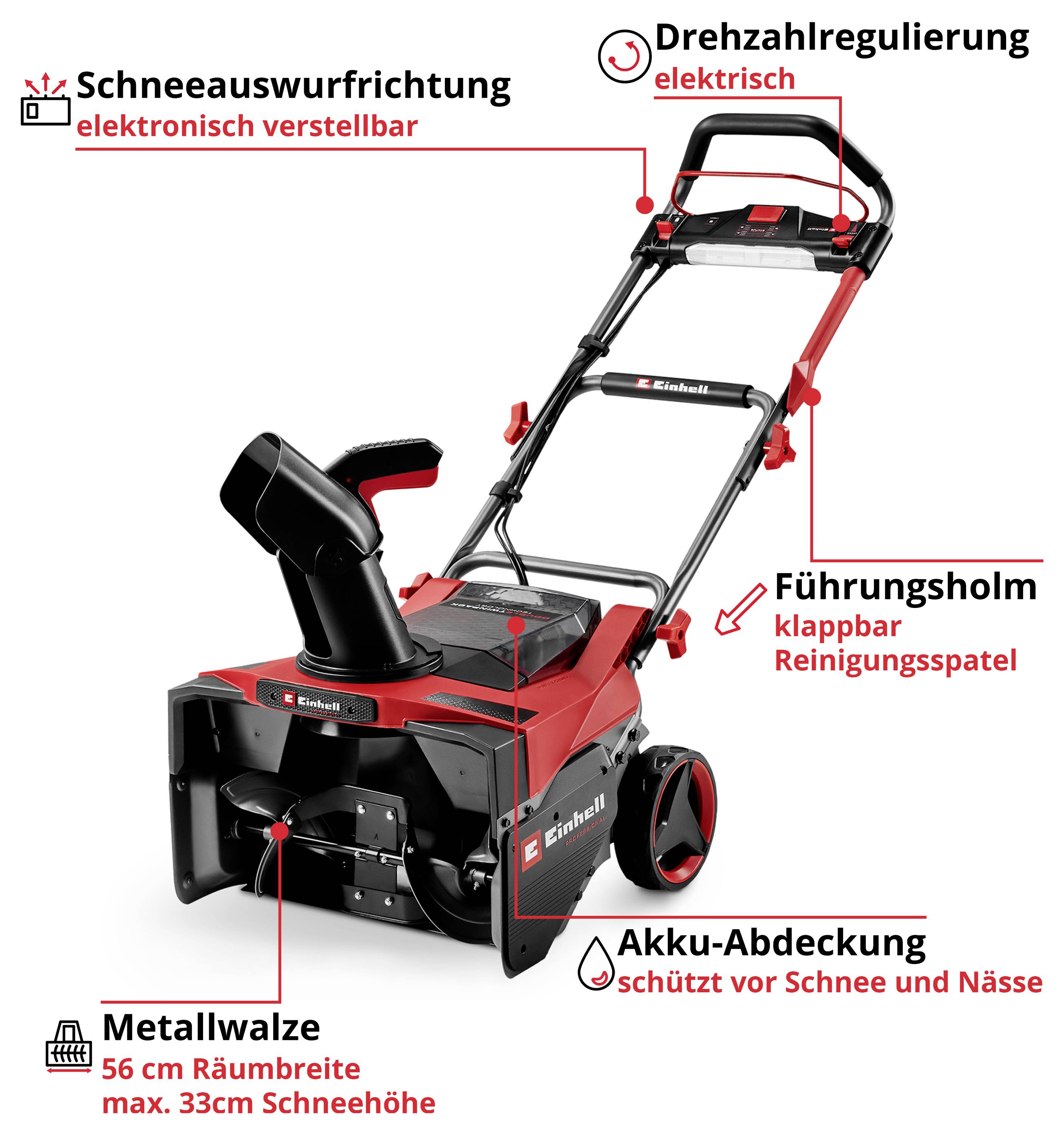 A red electric snow blower with adjustable snow discharge direction, a foldable guide handle, and a metal auger for snow clearance.