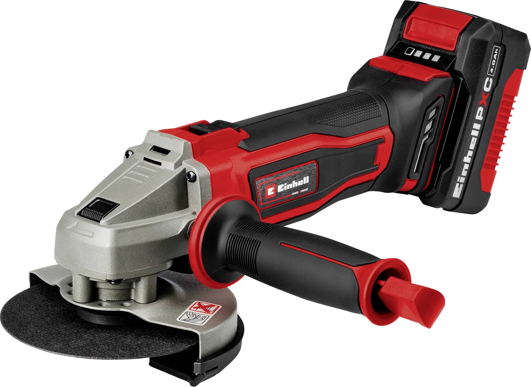 A red and black cordless angle grinder with a side handle and battery pack attached, designed for cutting and grinding tasks.