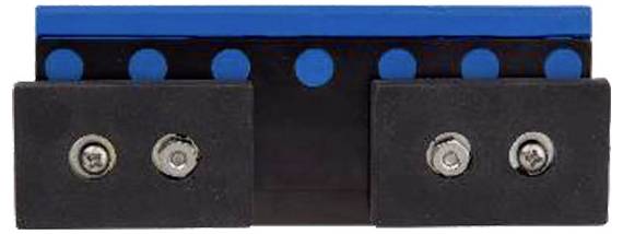 A rectangular mechanical component with two black plates and a blue top edge features multiple screw holes for fastening or assembly.