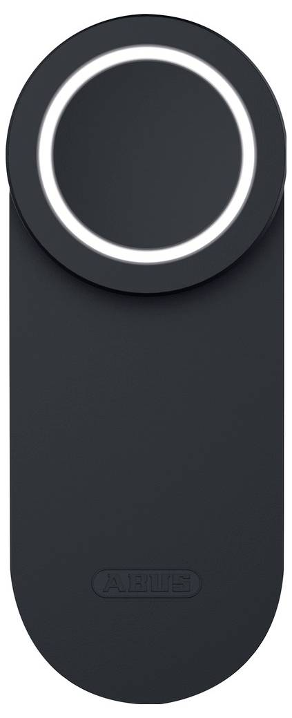 Close-up of a black circular smart lock with a glowing ring indicator, featuring the brand logo at the bottom.