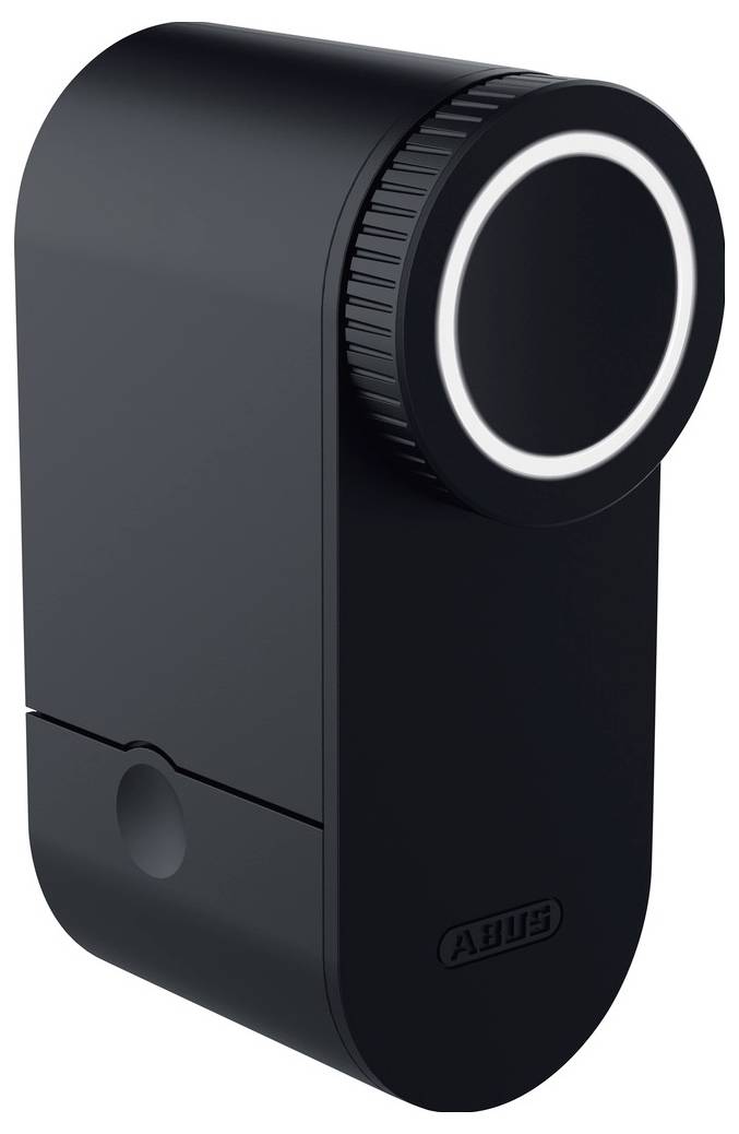 A black, modern smart lock with a circular interface and sleek design, featuring the Abus logo at the bottom.