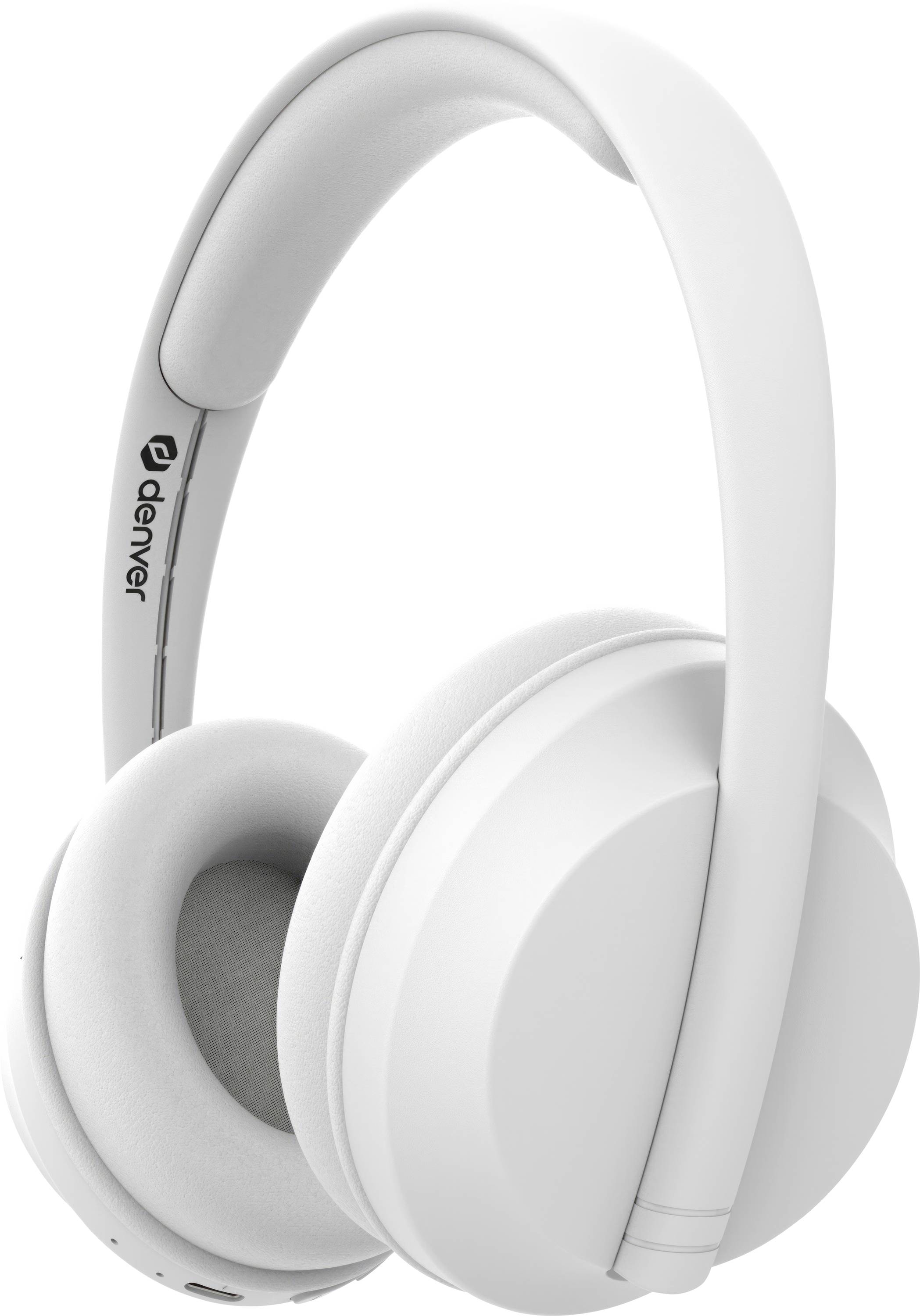 White over-ear headphones with a padded headband, featuring a simple, modern design.