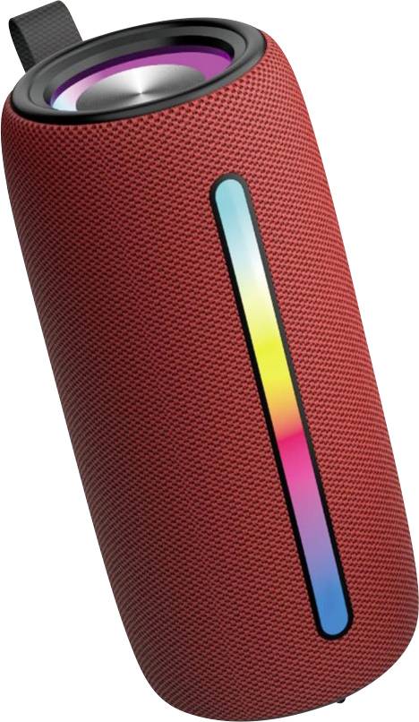 A red portable speaker with a vertical LED light strip displaying multiple colors and a black handle at the top.