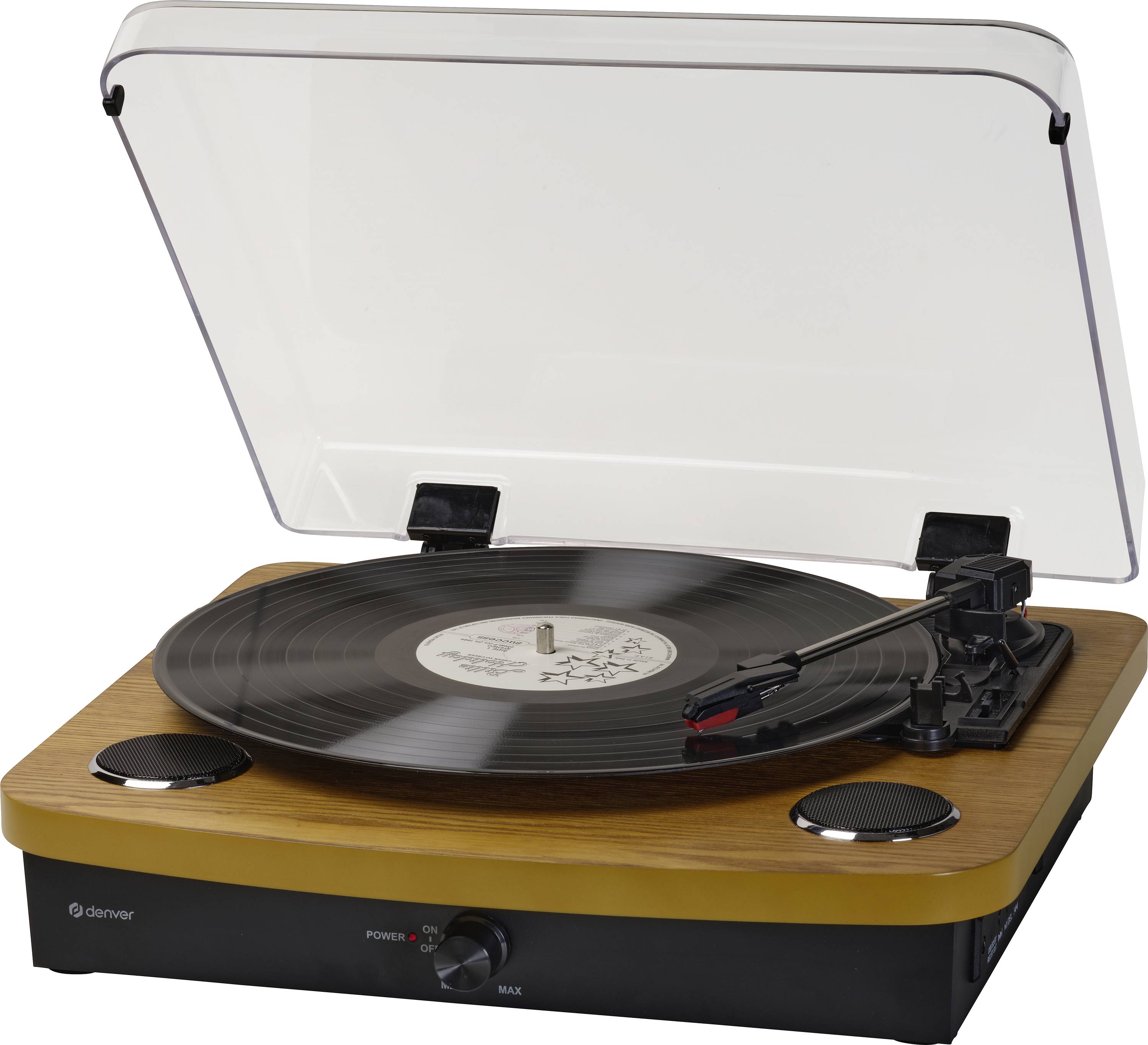 A wooden turntable with a clear cover plays a vinyl record. The arm holds the needle over the spinning record. Two speakers are integrated.