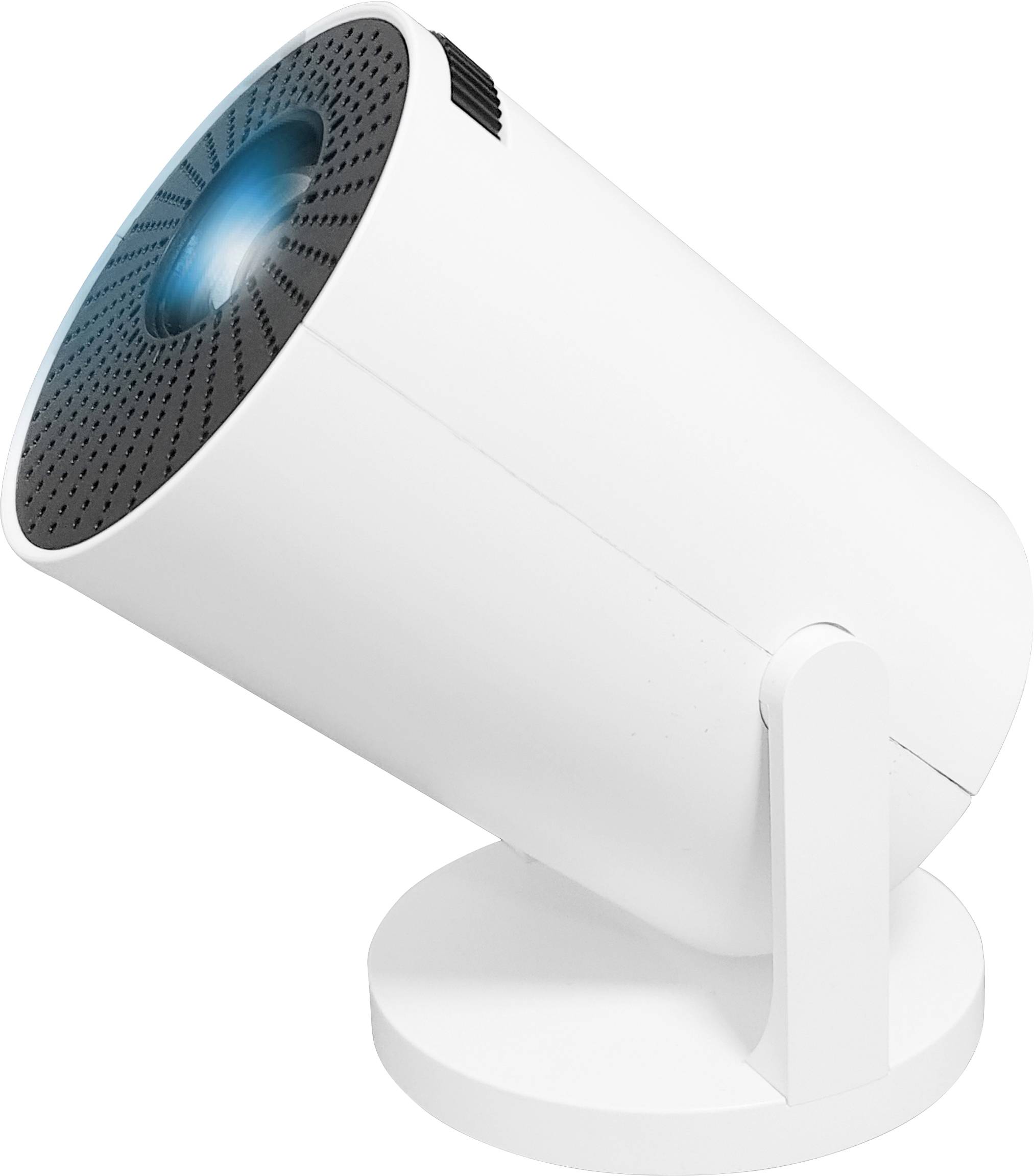 A white cylindrical projector tilting upwards emits a bright blue light from its lens, suggesting it's in operation or display mode.