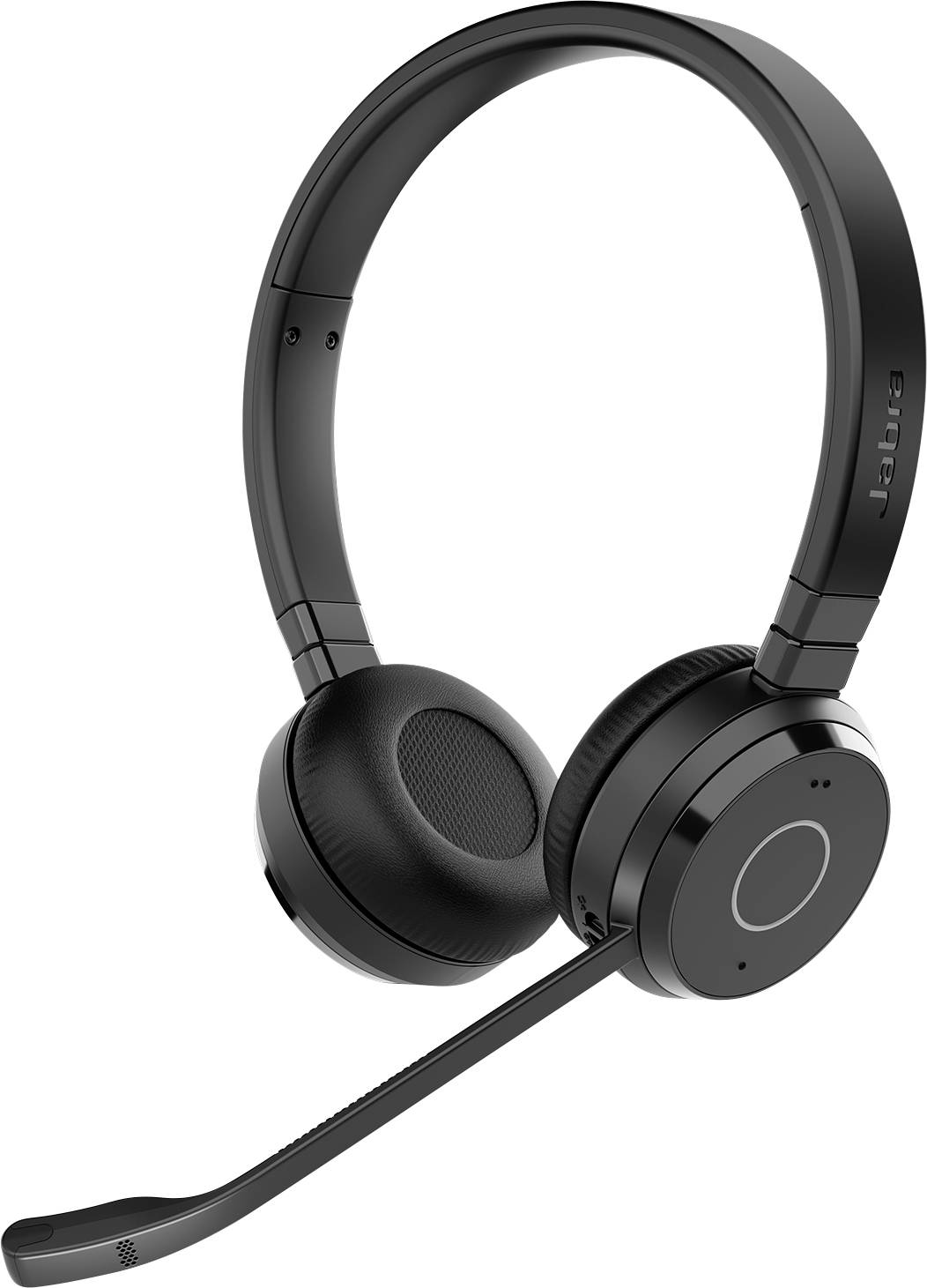 A black over-ear wireless headset with a microphone boom, designed for calls and audio, featuring cushioned ear cups and adjustable headband.