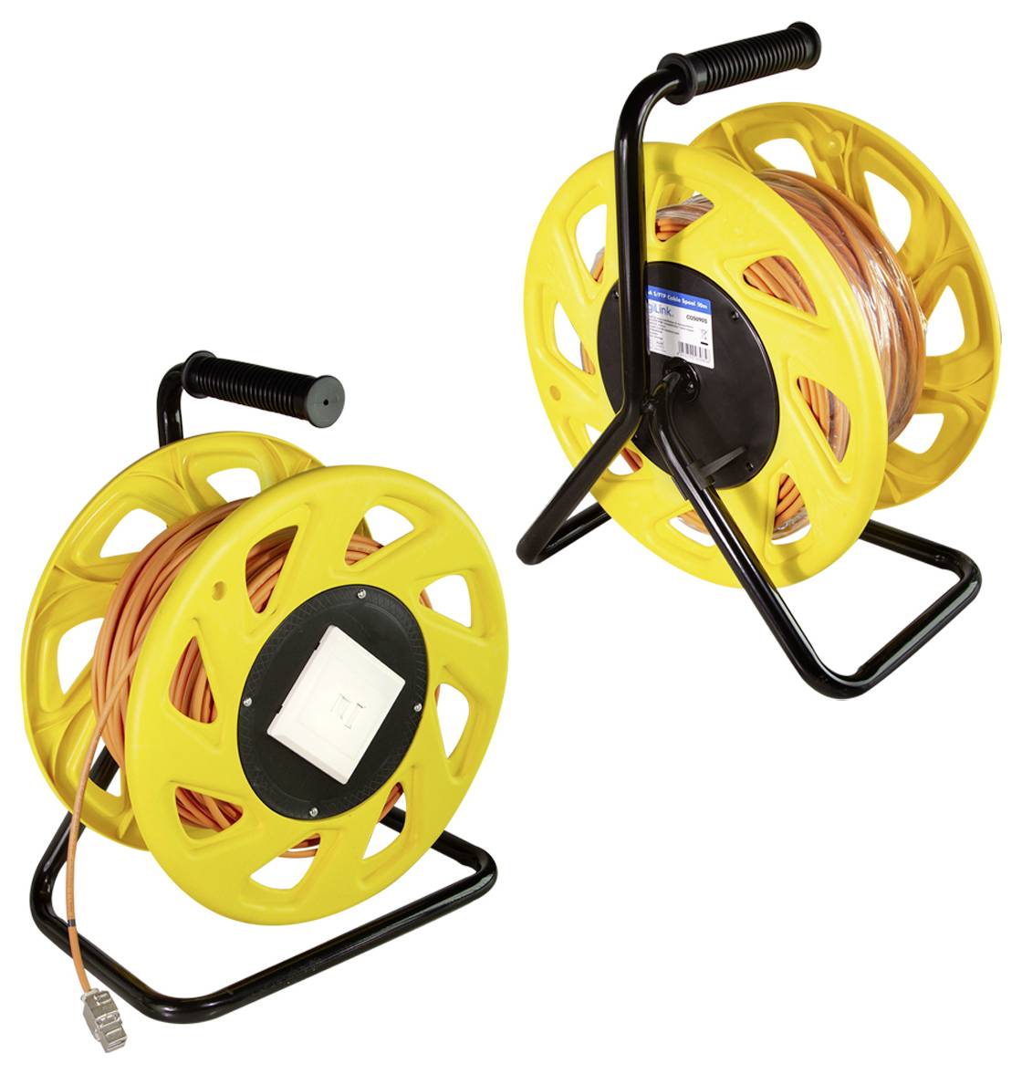 Two yellow cable reels with black frames. One reel shows an orange cable with an Ethernet connector, the other is unwound, showing an outlet.