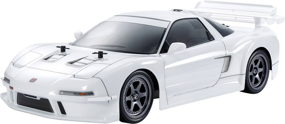 A white sports car model with a large rear spoiler and black wheels, viewed from a front angle.