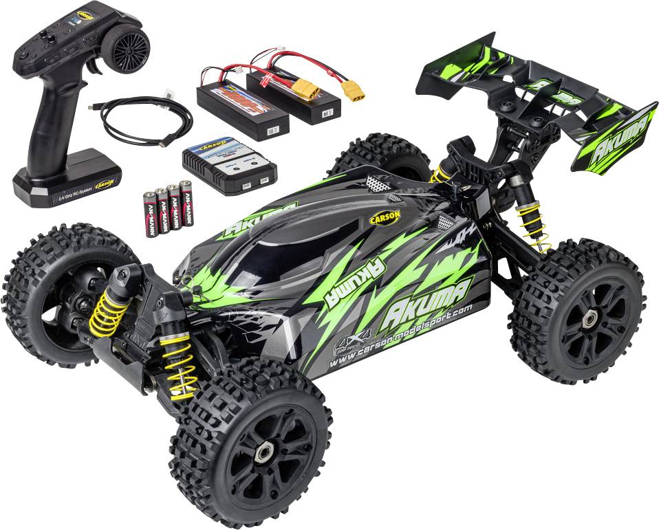 'Akuma' remote control car kit with batteries, charger, and controller. The car has a sleek black and green design with large wheels.