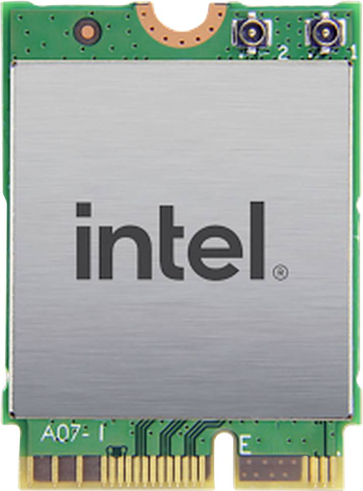 Intel Wi-Fi 6 AX200 card, showing a green circuit board with a silver metal casing marked 'intel', designed for wireless connectivity.