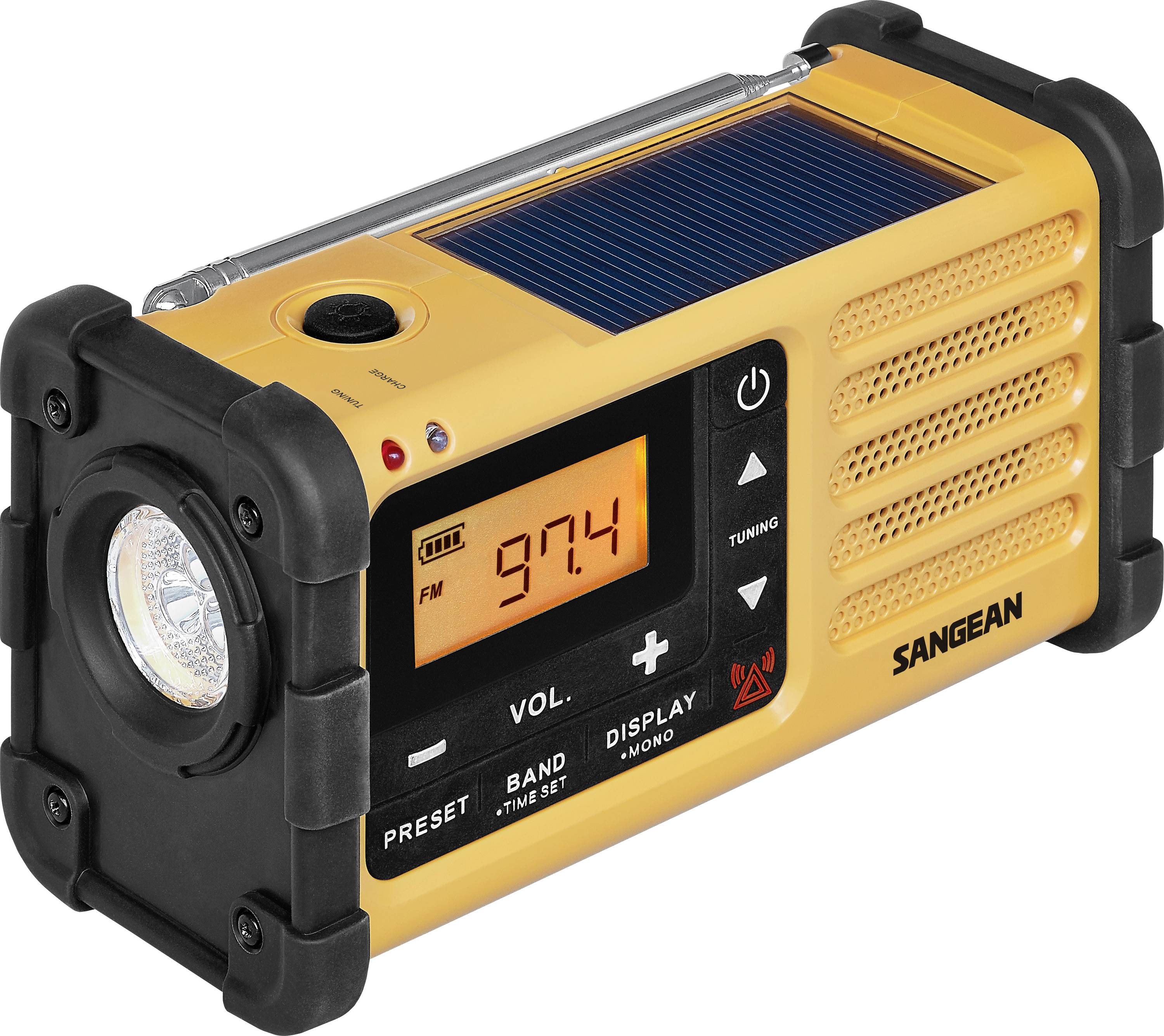 A yellow portable radio with a solar panel, tuning knob, flashlight, and display screen showing '97.4 FM'. The brand is Sangean.