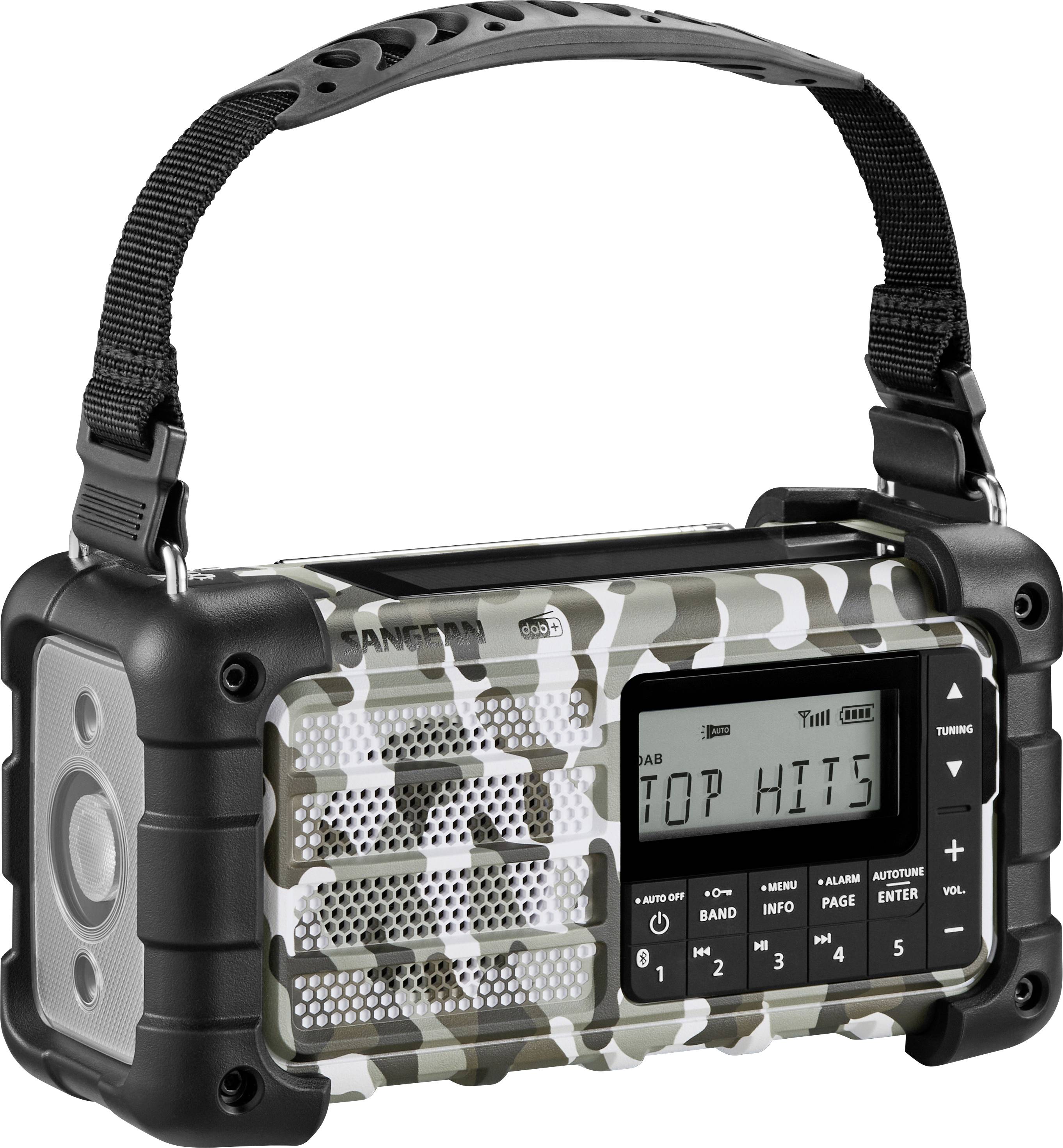 Camouflage-patterned portable radio with a strap. Digital display shows 'TOP HITS'. Features buttons for tuning, mode, and volume control.