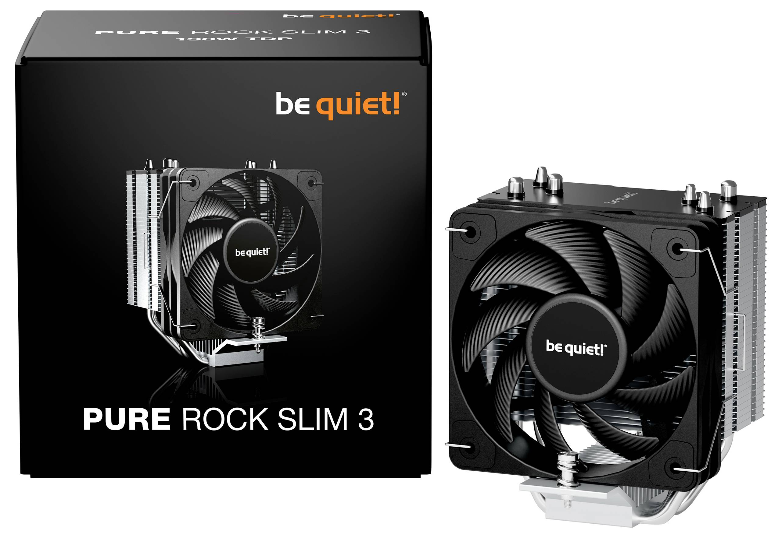 Be quiet! Pure Rock Slim 3 CPU cooler shown with its packaging. Black fan with silver heat sink, designed for efficient cooling.