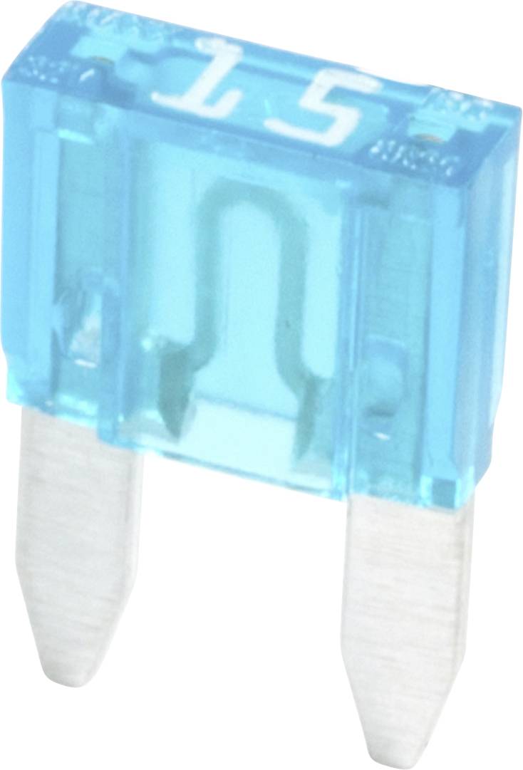 A blue 15 amp blade fuse, used in automotive applications, with two metal prongs for electrical connection.