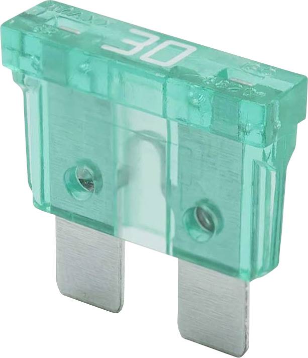 A green 30-amp automotive blade fuse with two metal prongs, used for circuit protection in vehicles.