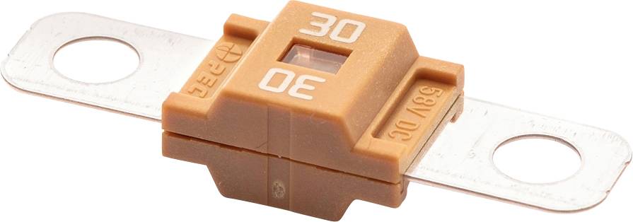 An orange automotive blade fuse rated at 30 amps, with metal terminals on both sides, used for protecting electrical circuits in vehicles.