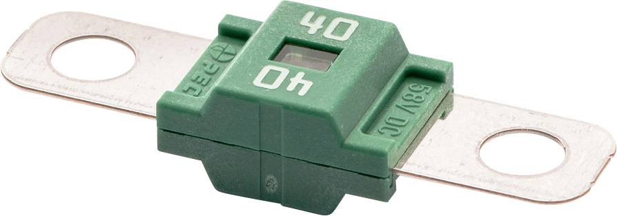 A green automotive fuse, marked '40 A', with metal contacts on each side for electrical applications.