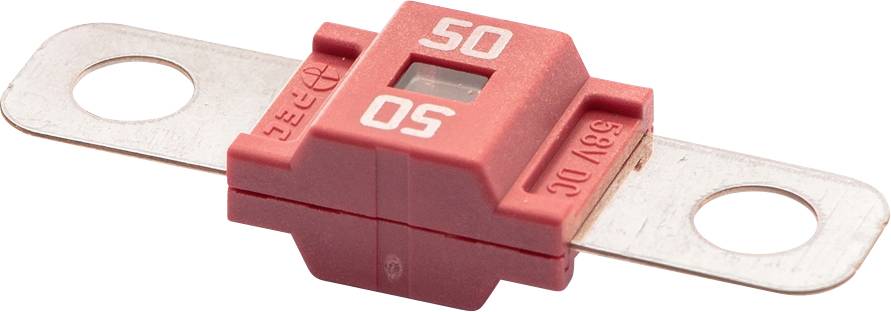 A red 50-amp blade fuse with metal contacts on both ends, used for electrical safety in automotive or electronic systems.