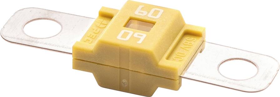 A yellow automotive blade fuse labeled '60' with two metallic prongs extending on either side, used for circuit protection.