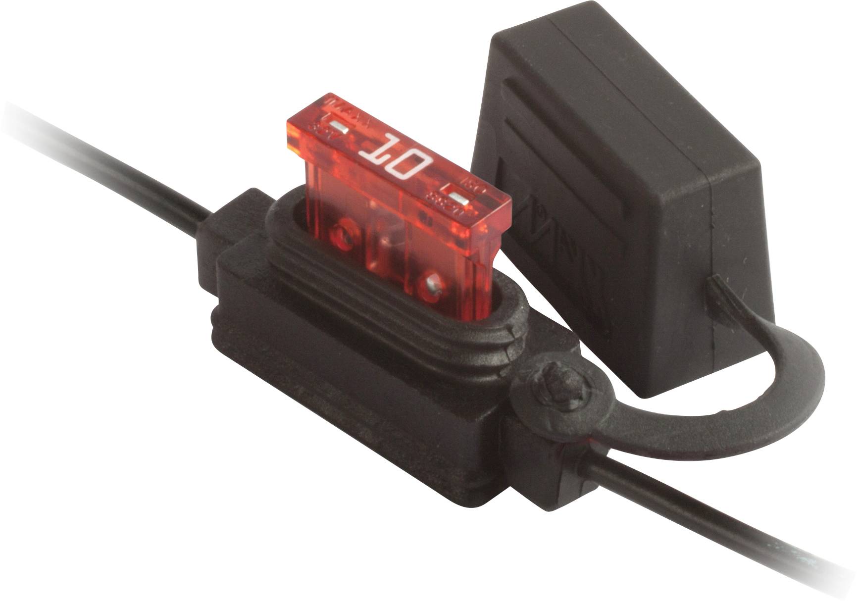 A small black inline fuse holder with a red 10-amp fuse inserted. The cover is open, showing the fuse's transparent housing and prongs.