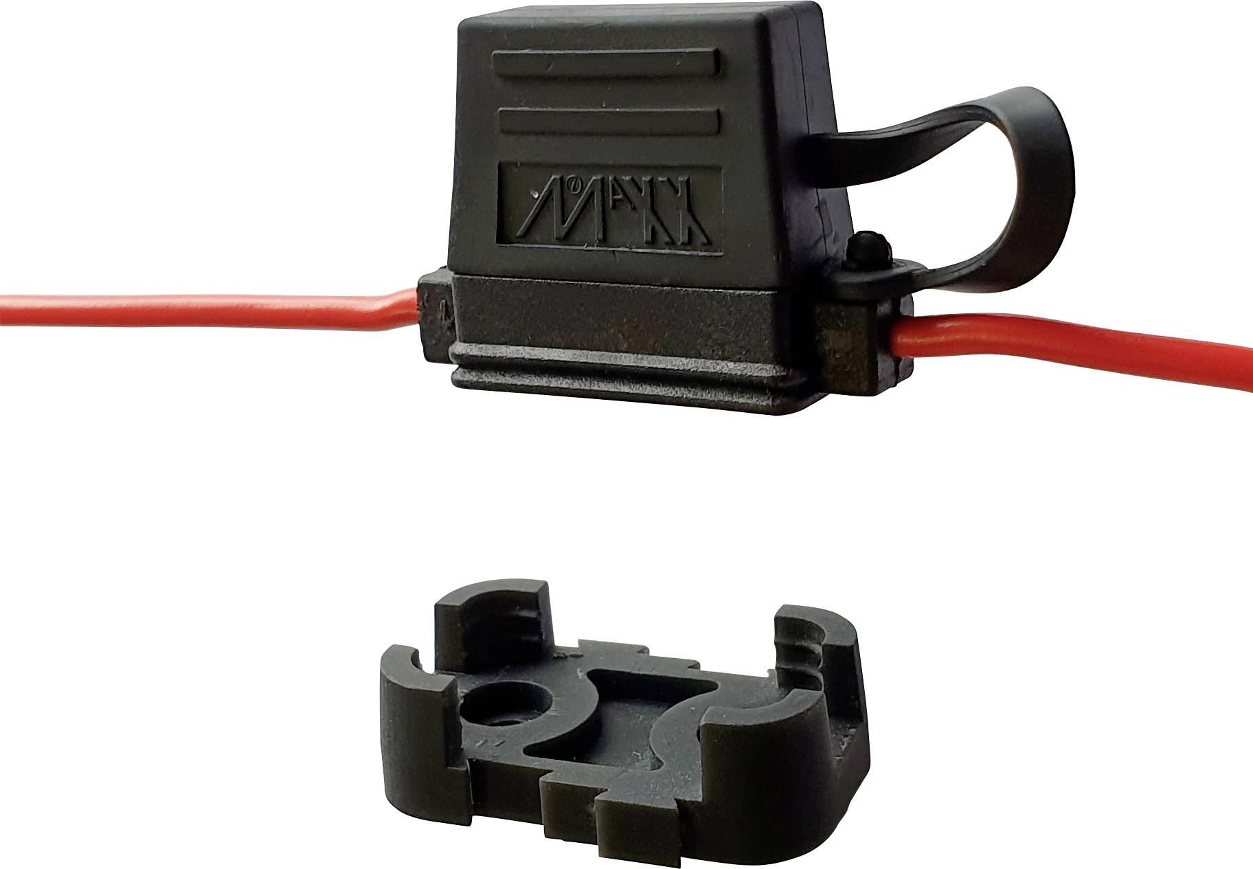 A black electrical fuse holder attached to a red wire, with a separate black mounting bracket below, designed for installation or repair.