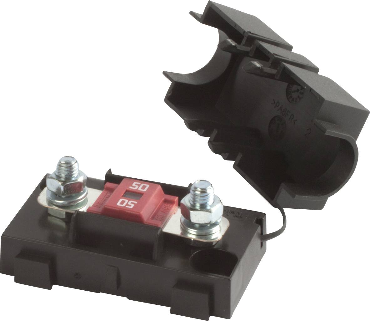 A car fuse block with a red 50A fuse. The black cover is open, revealing two metal terminals.