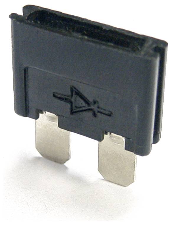 A close-up of a black automotive blade fuse with two metal connectors and an electrical symbol on its surface, used for circuit protection.