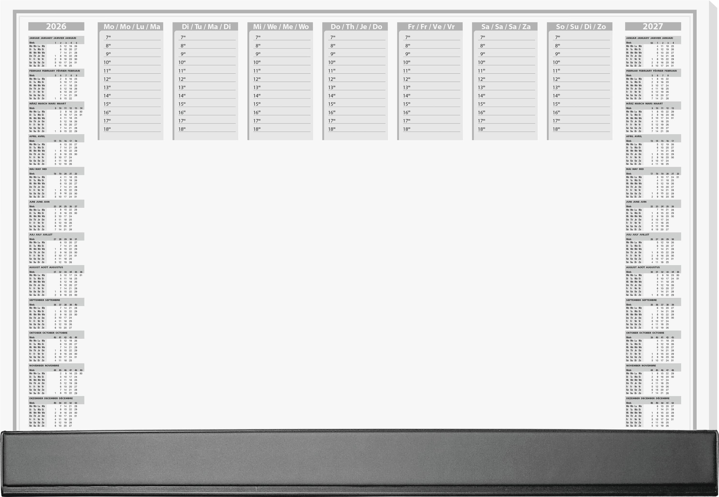 Yearly planner for 2024 to 2027 with a black base. Shows monthly calendars on the left and lined sections for daily notes at the top.