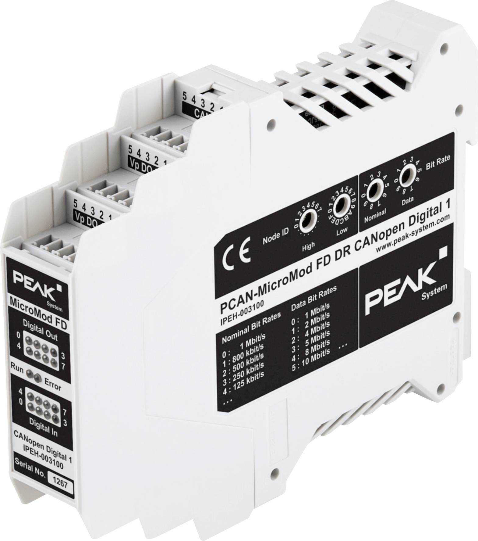 A white PCAN-MicroMod FD DR CANopen Digital 1 module with configurable switches indicated on the side and connection ports on top.