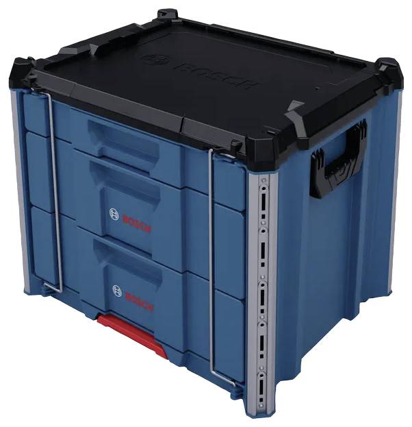 A blue storage box with black lid, featuring three drawers and side handles, designed for tool organization and portability.