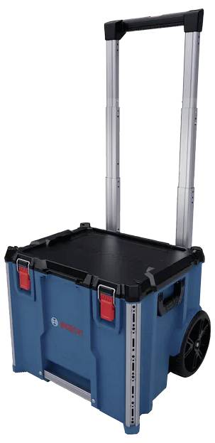 A blue rolling toolbox with a black lid and a telescopic handle extended upward. Red latches are on the front of the box.