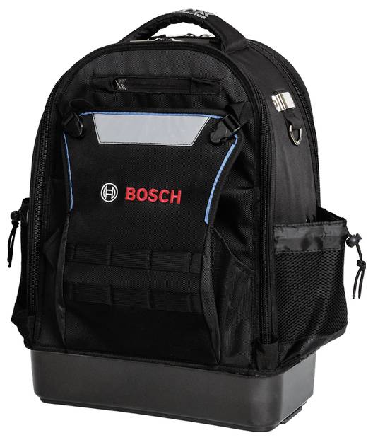 Black Bosch backpack with multiple compartments, front logo, side mesh pockets, and top handle suitable for carrying tools or equipment.
