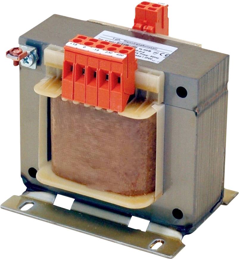 A compact electrical transformer with an orange terminal block, mounted on a metal base. Used for voltage conversion in circuits.