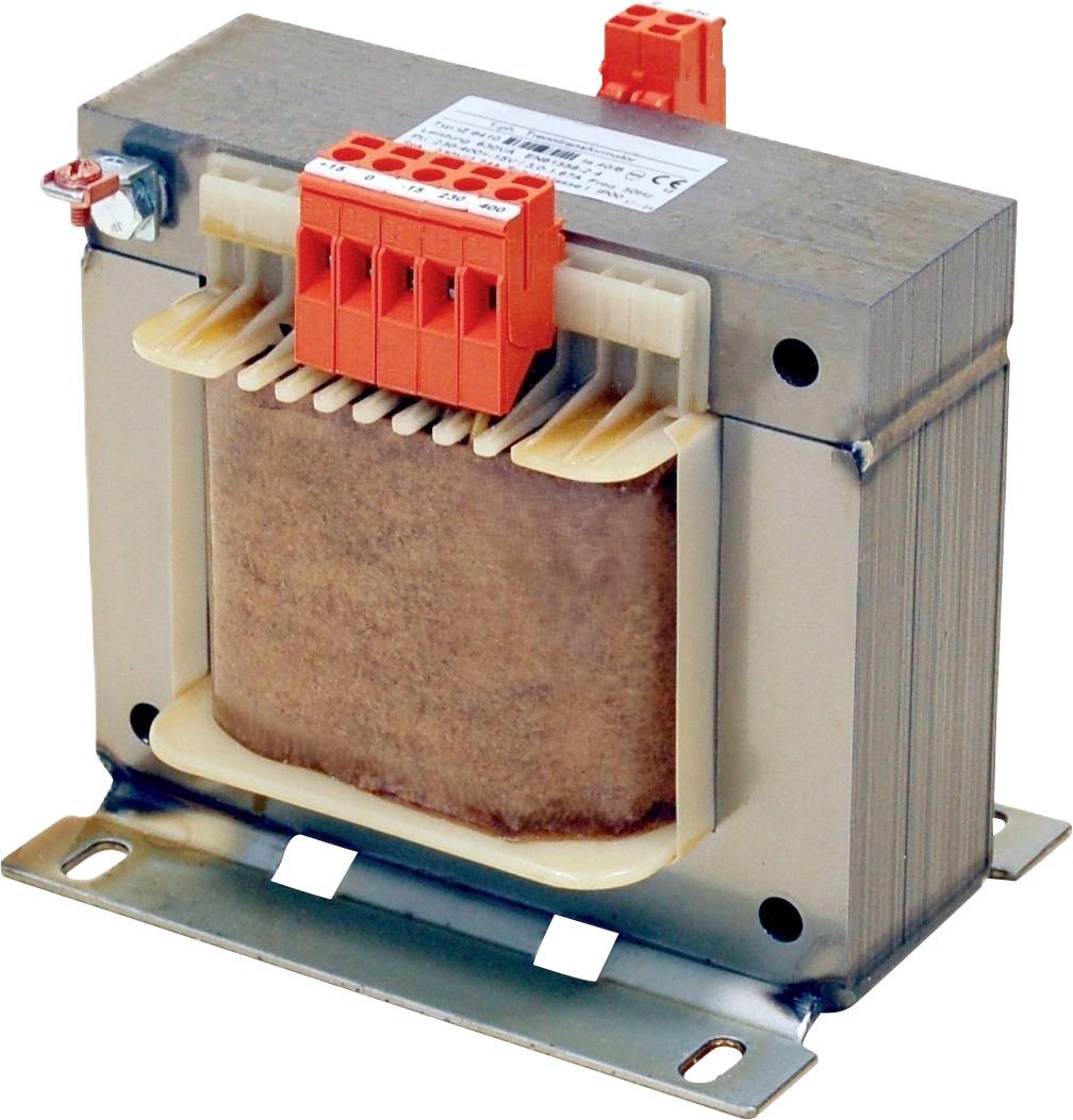 An industrial transformer with multiple orange connectors on top and mounted on a metallic base, used for electrical voltage conversion.