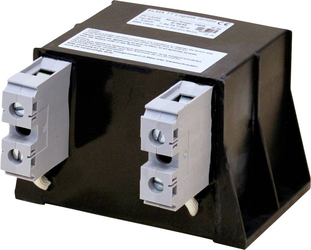A black electrical transformer with two grey terminal blocks on each side, labeled with specifications on the top, used for voltage regulation.