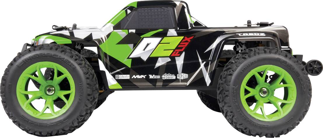 A green and black remote-controlled car is shown, featuring large off-road wheels, sleek design, and the text '02 Flux' on the side.