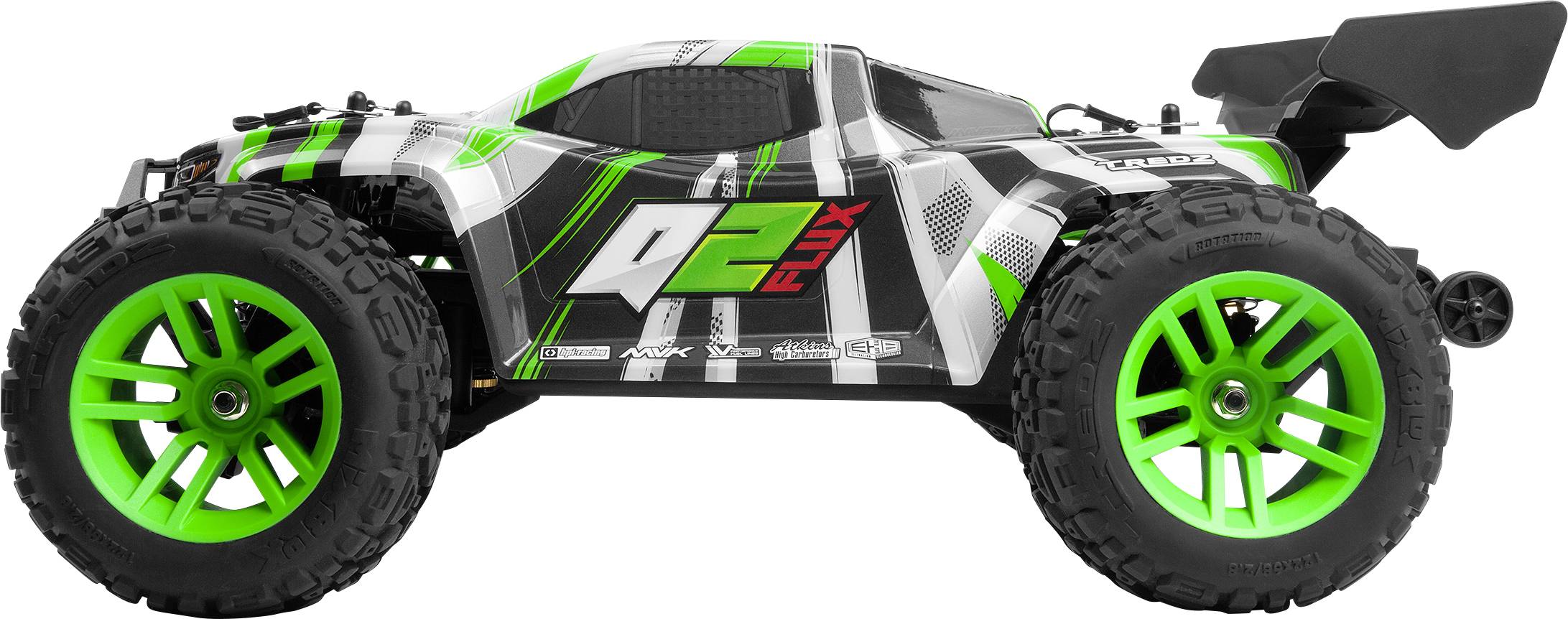 A green and black remote-controlled car with a sleek design and large tires, featuring the text 'Q2 Flux' on its side.