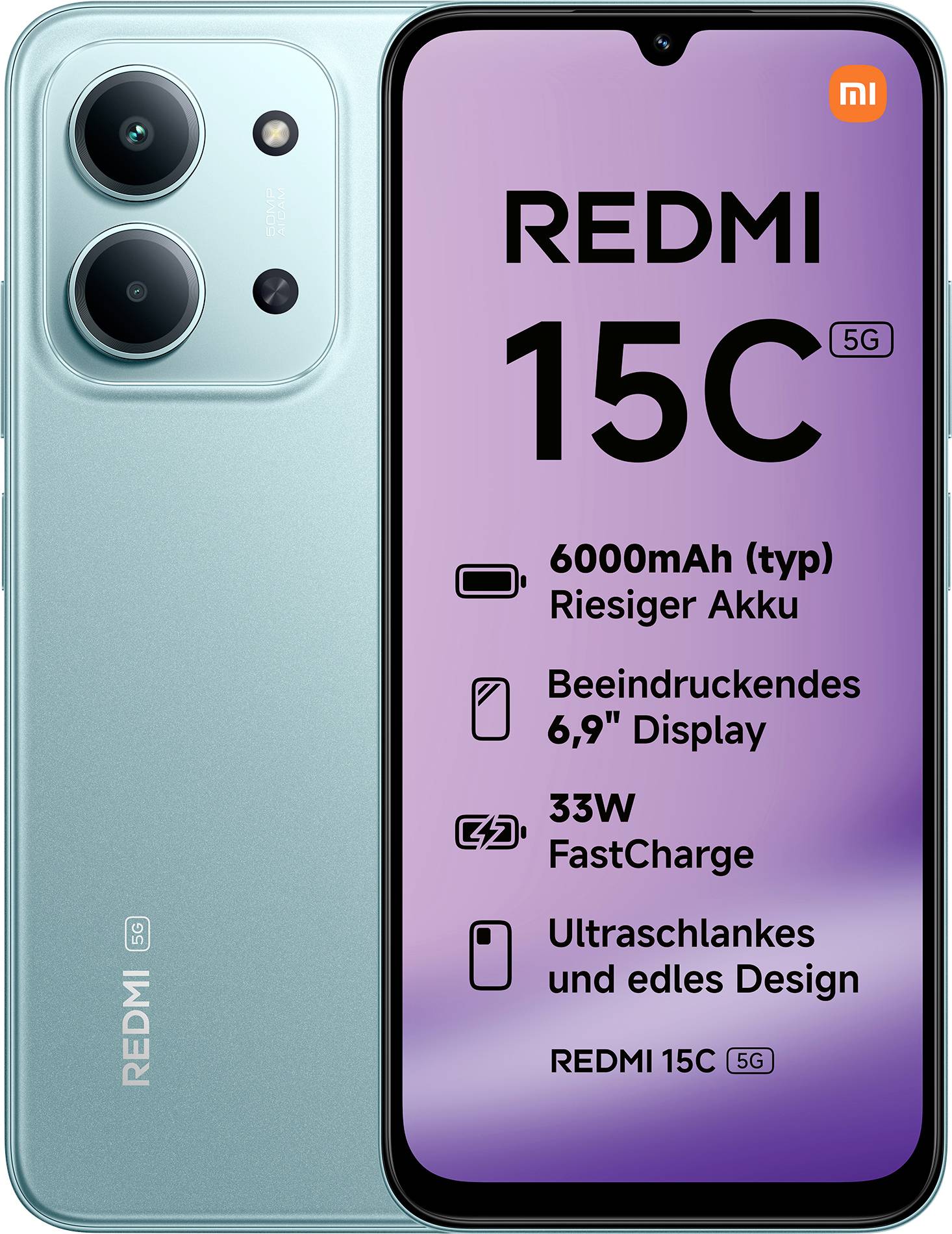 A green smartphone with a dual-camera setup displays text: 'REDMI 15C 5G, 6000mAh battery, 6.9