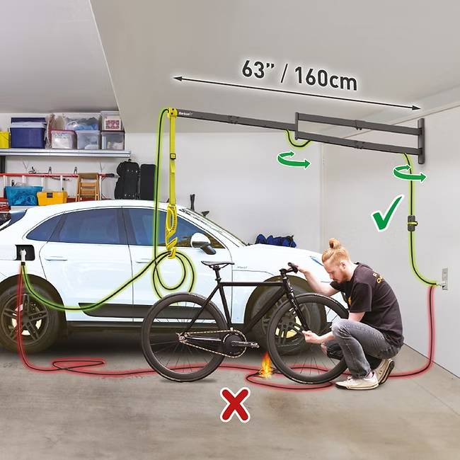 A person inflates a bicycle tire using a pump; a green check and a red 'X' indicate correct and incorrect ways to park a car nearby.