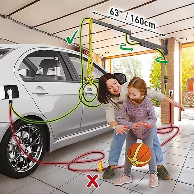 A woman supports a child playing basketball in a garage with a parked car. Red crossed lines indicate a safety hazard.