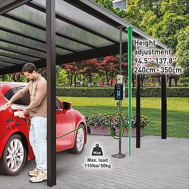 A person charges an electric car under a shelter. The shelter's height is adjustable between 94.5