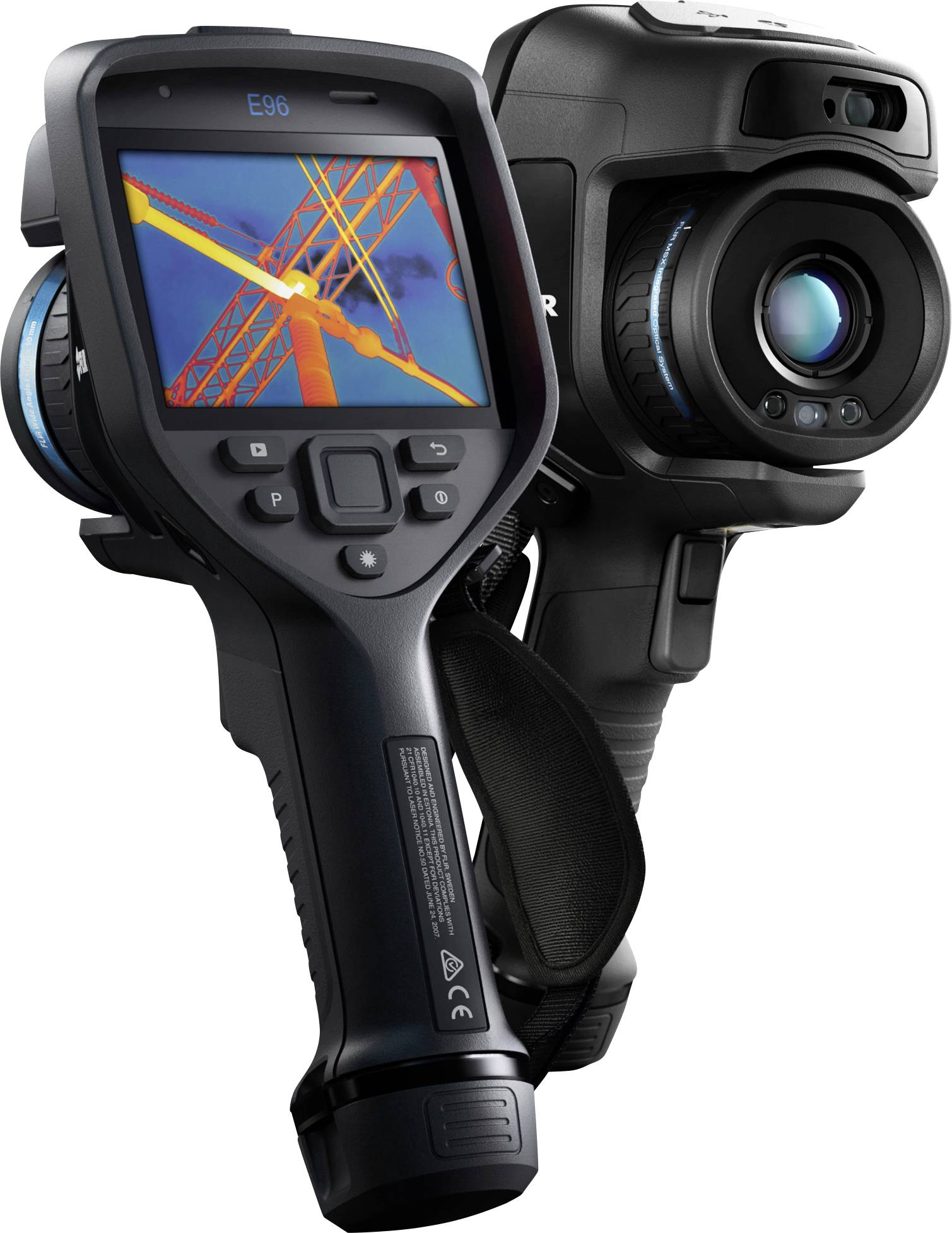 A pair of modern infrared cameras showing thermal imaging on the screen, capturing temperature variations with a construction site in view.