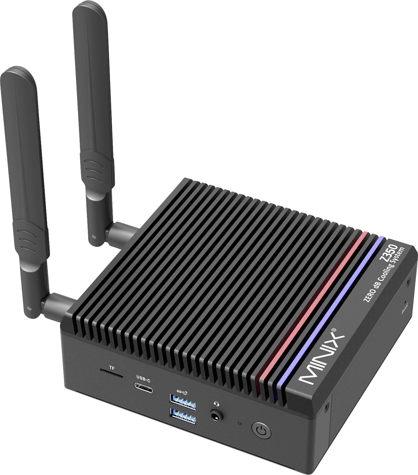 'MINIX Z50' mini PC with dual antennas, striped design, featuring USB-C, USB-A ports, and power button.