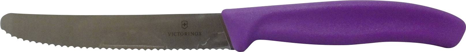 A serrated kitchen knife with a purple handle, featuring a logo on the blade.