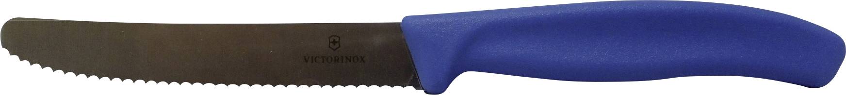 A serrated knife with a blue handle, suitable for cutting bread or similar items.