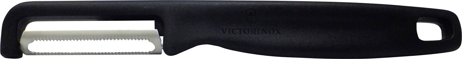 A black-handled vegetable peeler with a serrated blade.