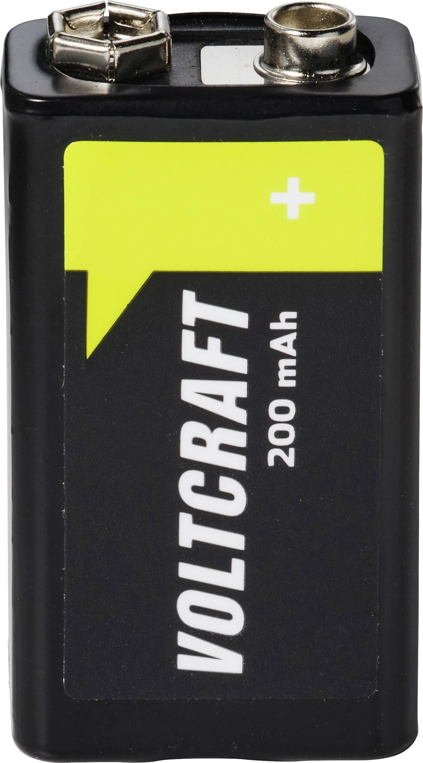 Black 9V Voltcraft battery with plus and minus terminals, labeled 'VOLTCRAFT 200 mAh'.