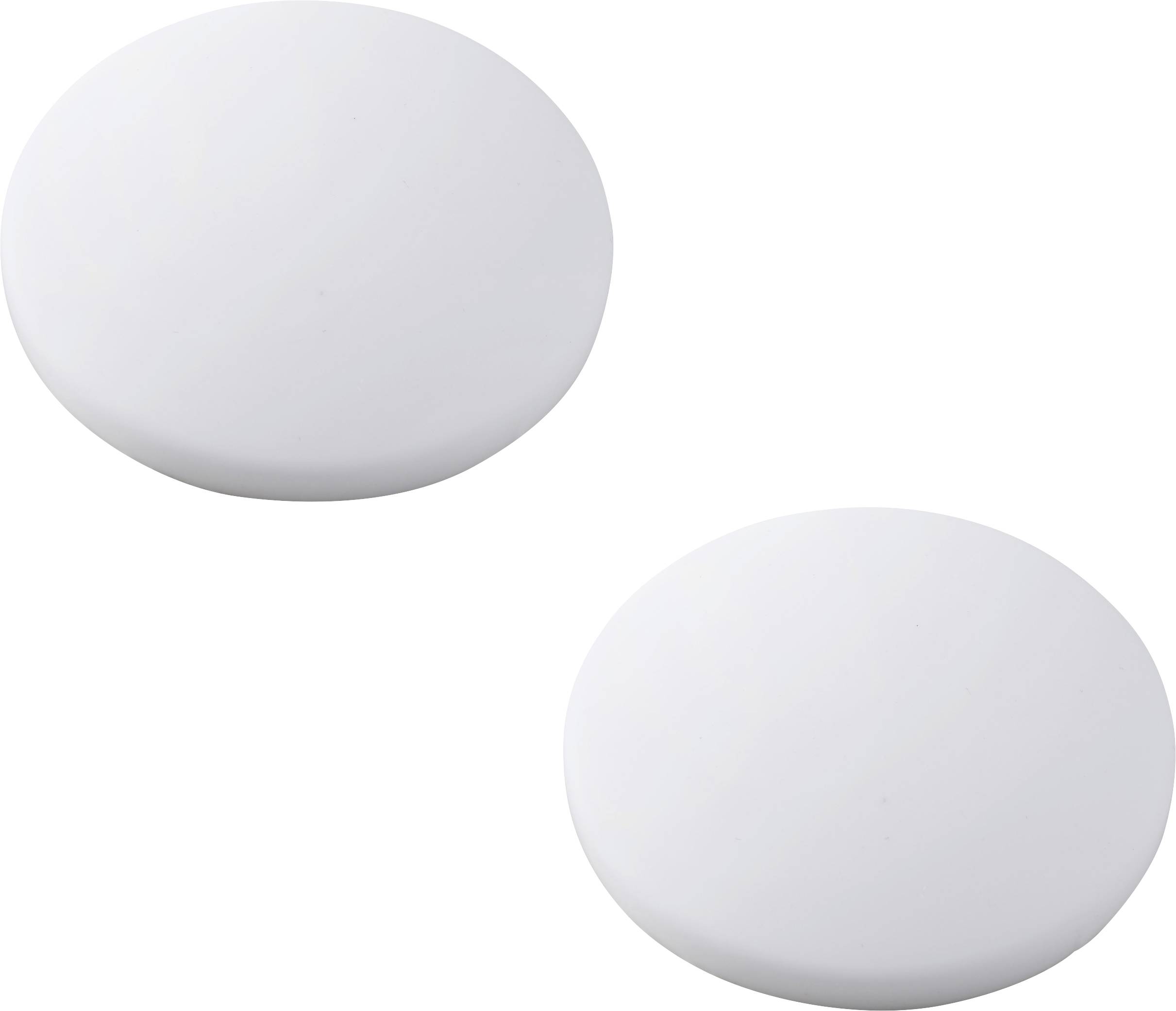 Two white, round objects on a plain background, resembling smooth stones or discs.