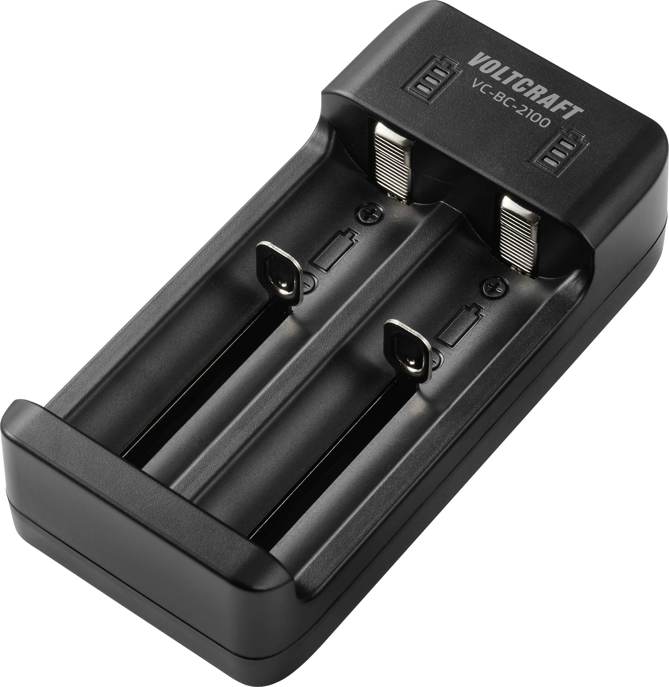A black dual-slot battery charger labeled 'VOLTCRAFT VC-BC-2100' is shown, designed for charging AA or AAA rechargeable batteries.