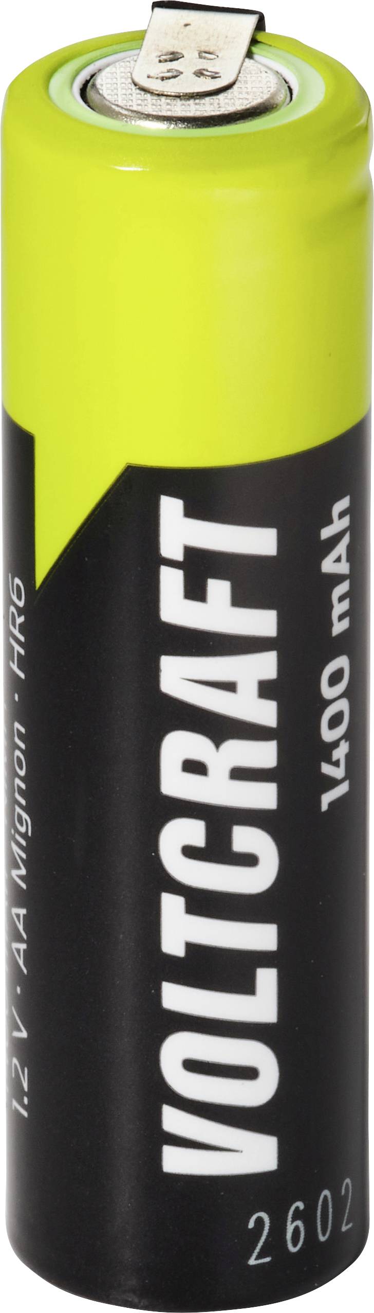 A close-up of a yellow-and-black Voltgraf AA rechargeable battery labeled “1.2V AA 1400 mAh.”